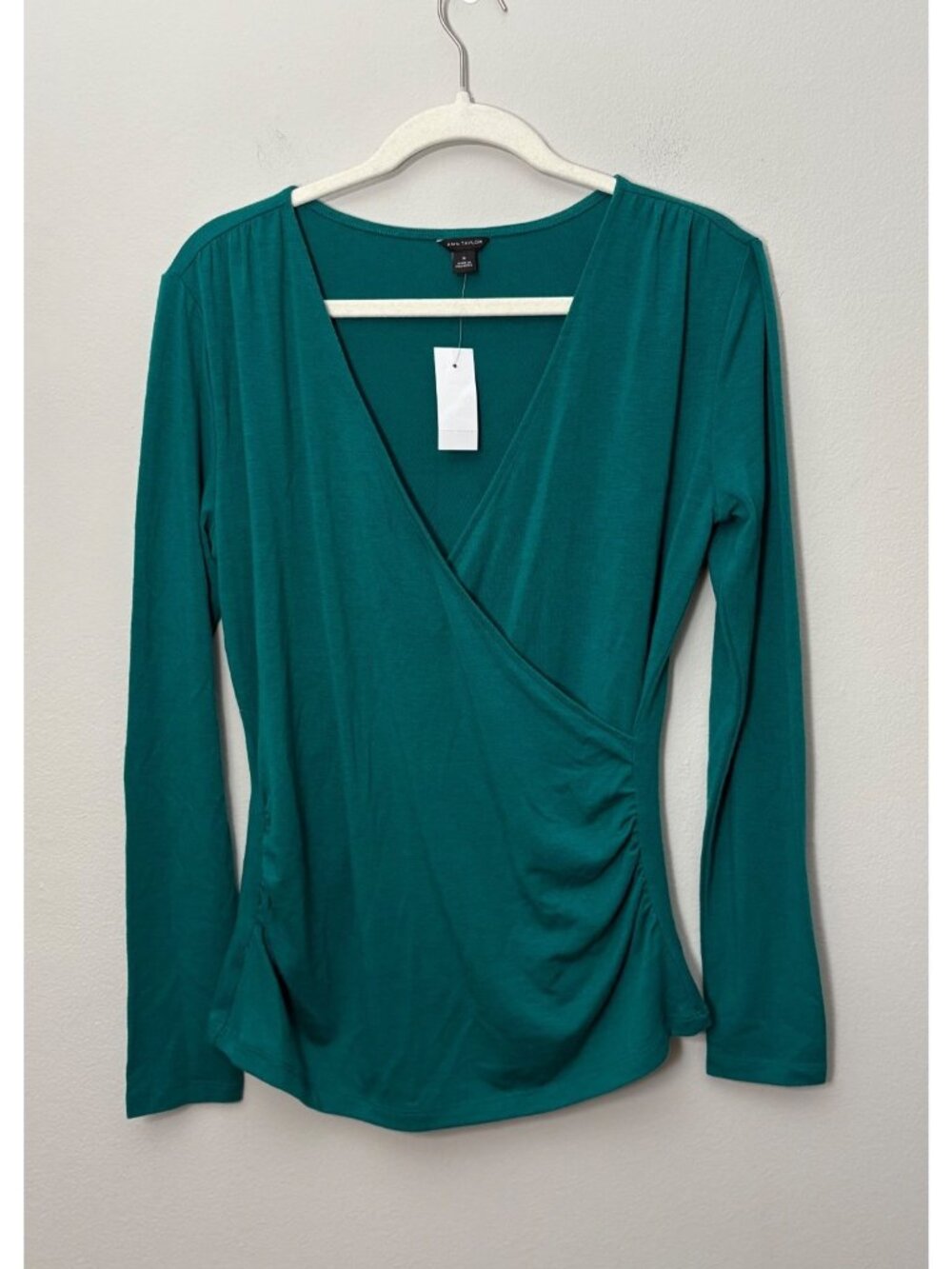 NEW Ann Taylor Faux Wrap Top V-Neck Long-Sleeve Teal Medium Soft Loungewear